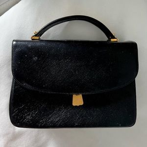 Vintage Saks Fifth Ave Black Leather Gold Tone Hardware Top Handle Bag